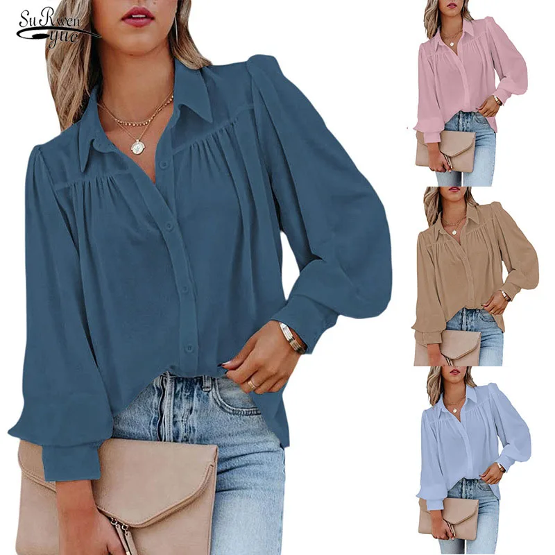 

Europe America New Shirt V-neck Pink Loose Blouses Women Autumn Winter Casual Blouse Female Chiffion Clothing Tops Blusas 23401