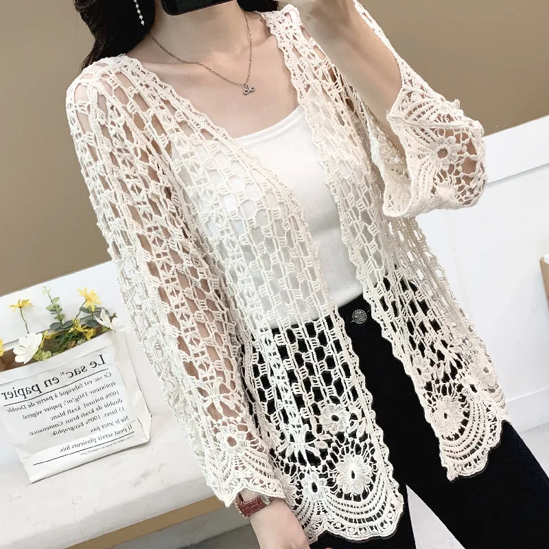 Korean Version Of The Spring And Summer Thin Section Of The Cardigan Crochet Hollow Shirt Jacket Outside The Sunscreen Shirt