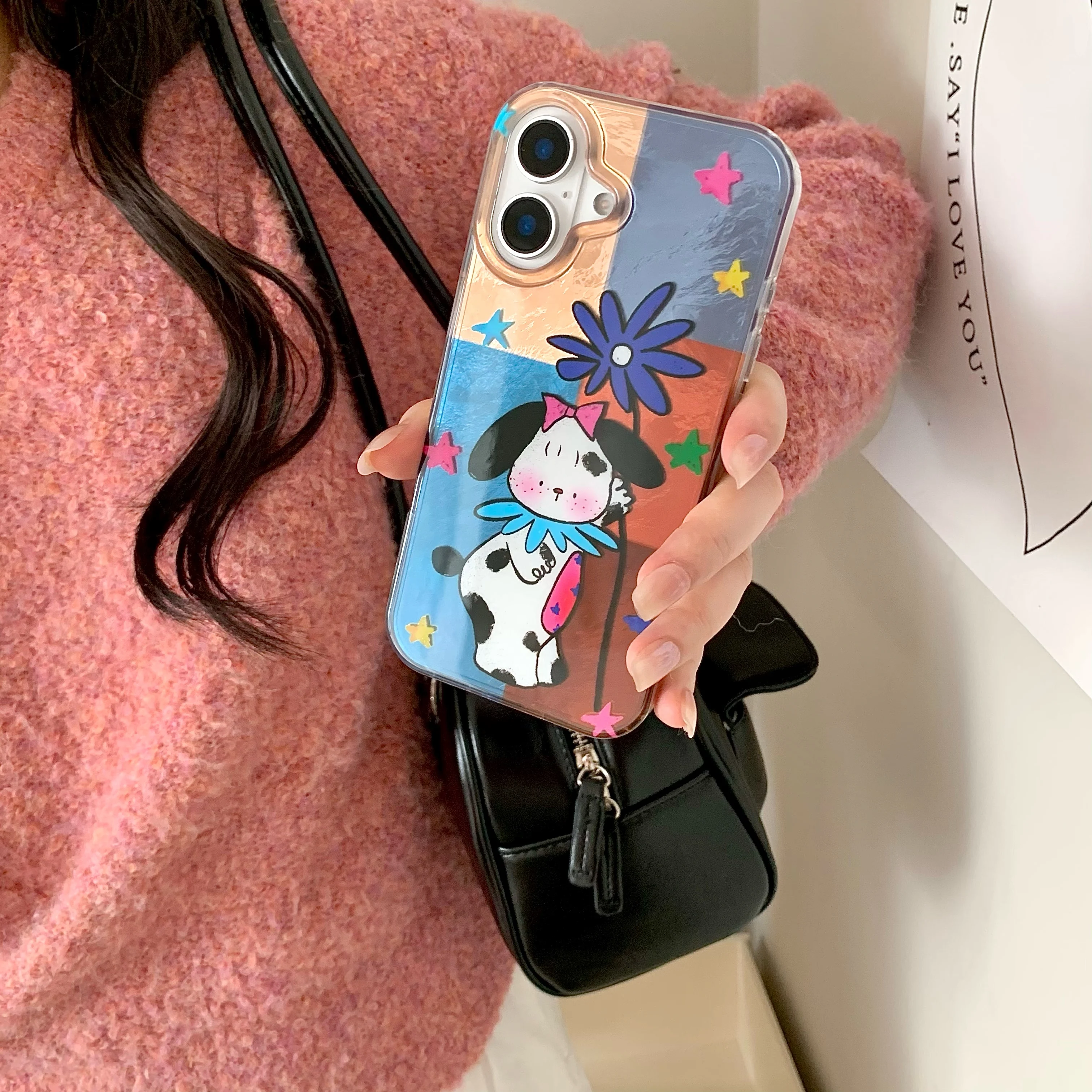 Cartoon INS Ripple Texture Double Layer Dog Splicing Checkers Phone Case for iPhone 16 15 14 13 Pro Max Back Cover Capa