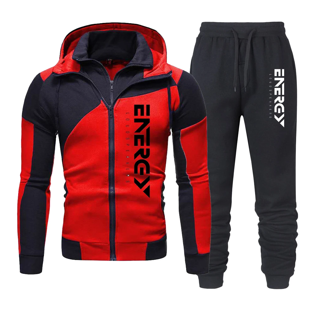 Men Energy Printed Zipper Design Jacket Suit Outdoor Running Sports Tracksuits Autumn Long Sleeve Hoodie and Sweatpants Outfits