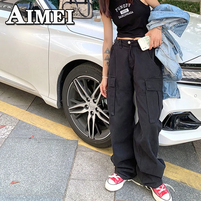 

Женские облегающие брюки-карго, повседневные брюки большого размера с широкими штанинами и высокой талией в Корейском стиле, Y2K, 2023