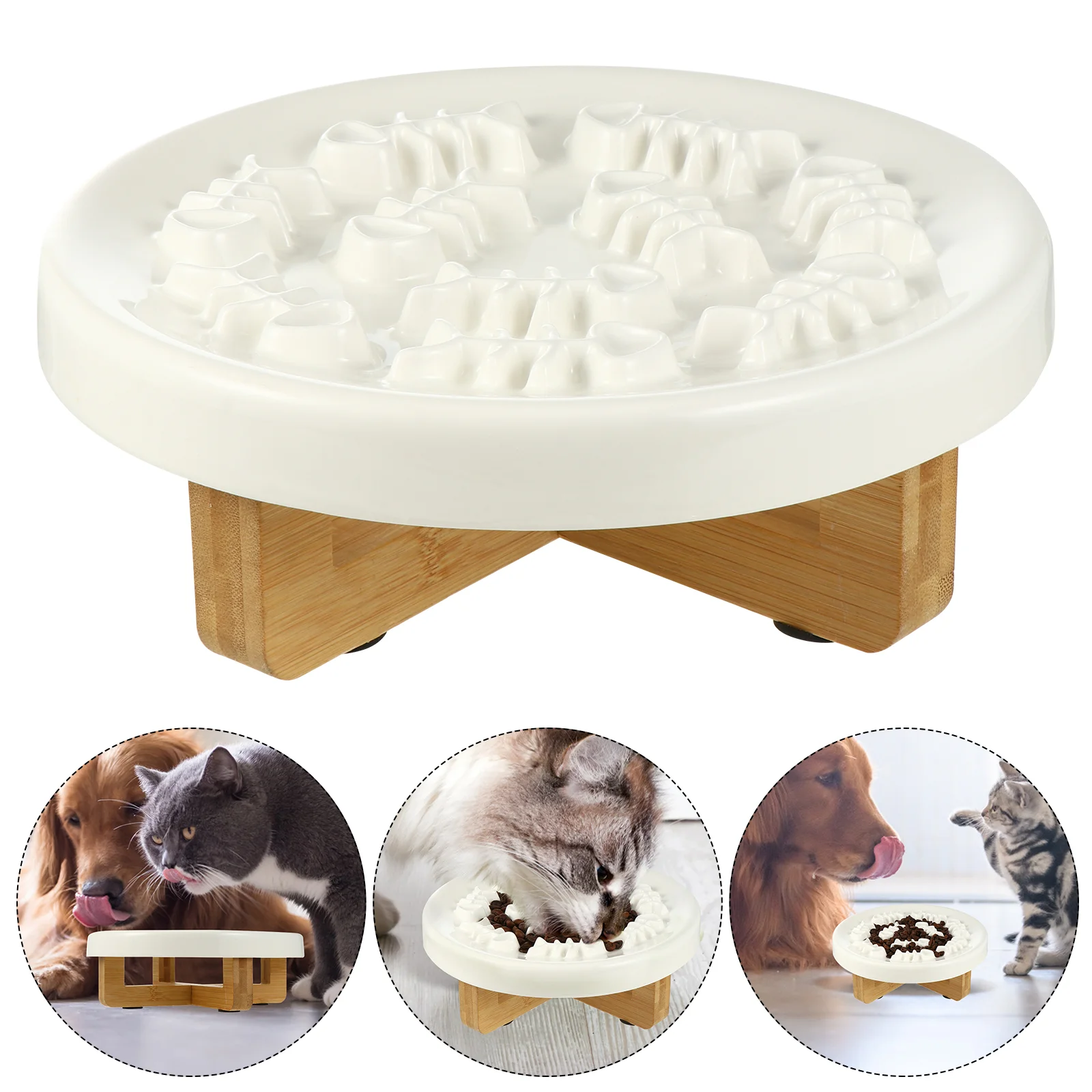 

1 Set Raised Dog Feeder Slow Feed Ceramic Bowl with Stand Pet Feeding Supplies
