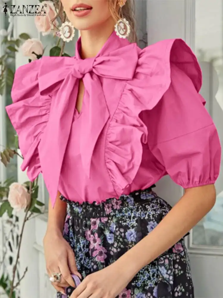 ZANZEA-túnica ajustada de playa para Mujer, blusa Lisa elegante, camisa informal de manga corta abombada con lazo, camisa Vintage con volantes, 2022