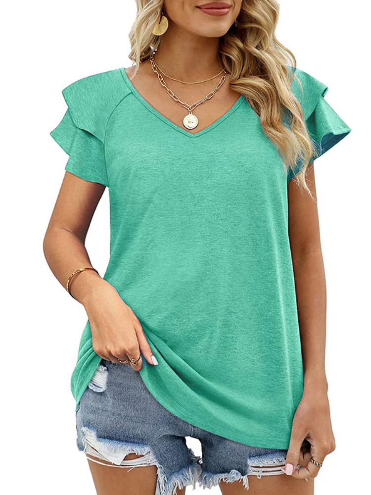 Womens Ruffle Short Sleeve Solid V Neck T-Shirts Casual Loose Tops for Summer