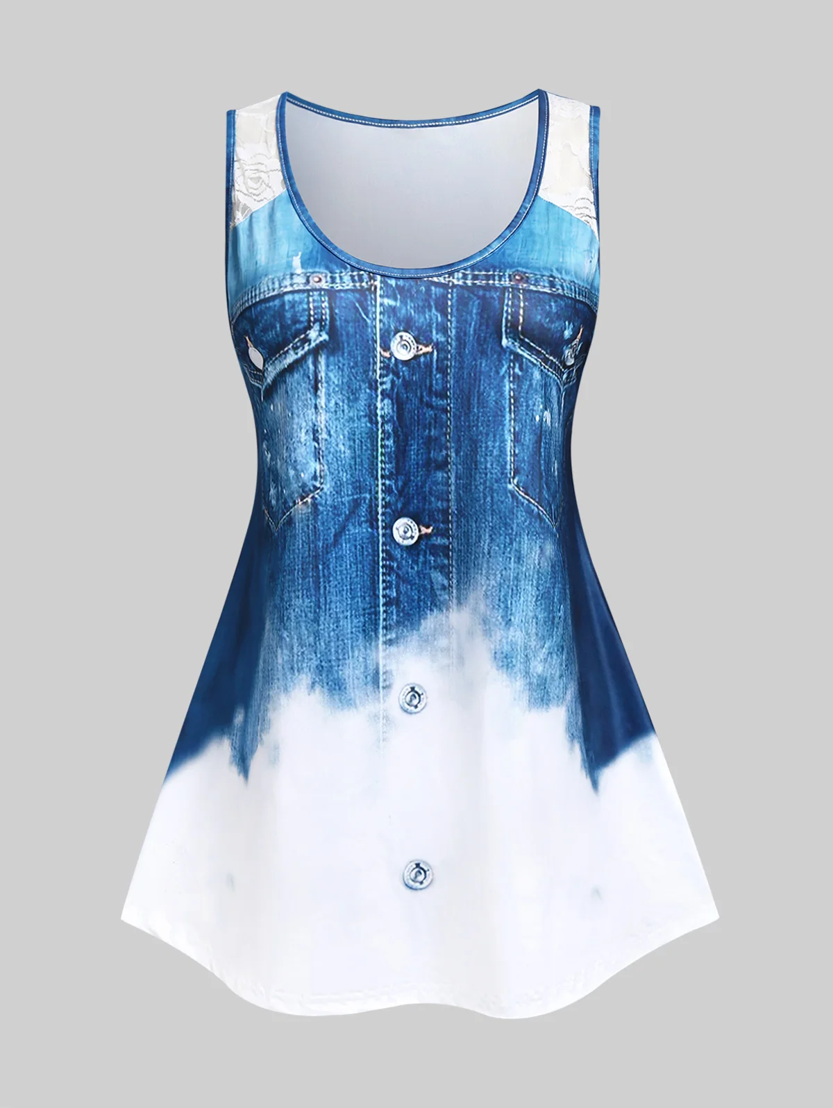 

ROSEGAL 3D Jean Print Top Summer Tunic Tanks For Women Lace Panel Camisole Shirt Ladies Fashion Scoop Neck Vest