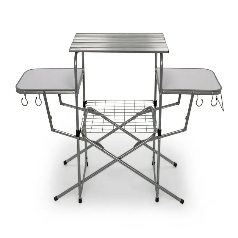 

Deluxe Folding Outdoor Steel Grill Table with Side Tables, Hooks, and Case Ultralight Hiking Climbing Picnic Folding Tables