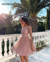 pink cocktail homecoming dresses knee length long sleeves short graduation party o neck sparkly sequined backless prom gowns