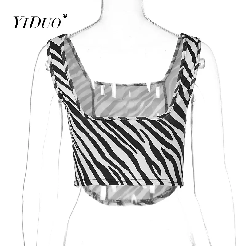 YiDuo Zebra Print Sleeveless Backless Crop Top Square Neck 2022 Fashion Women Streetwear Corset Summer Tank Top Sexy Club Party images - 6