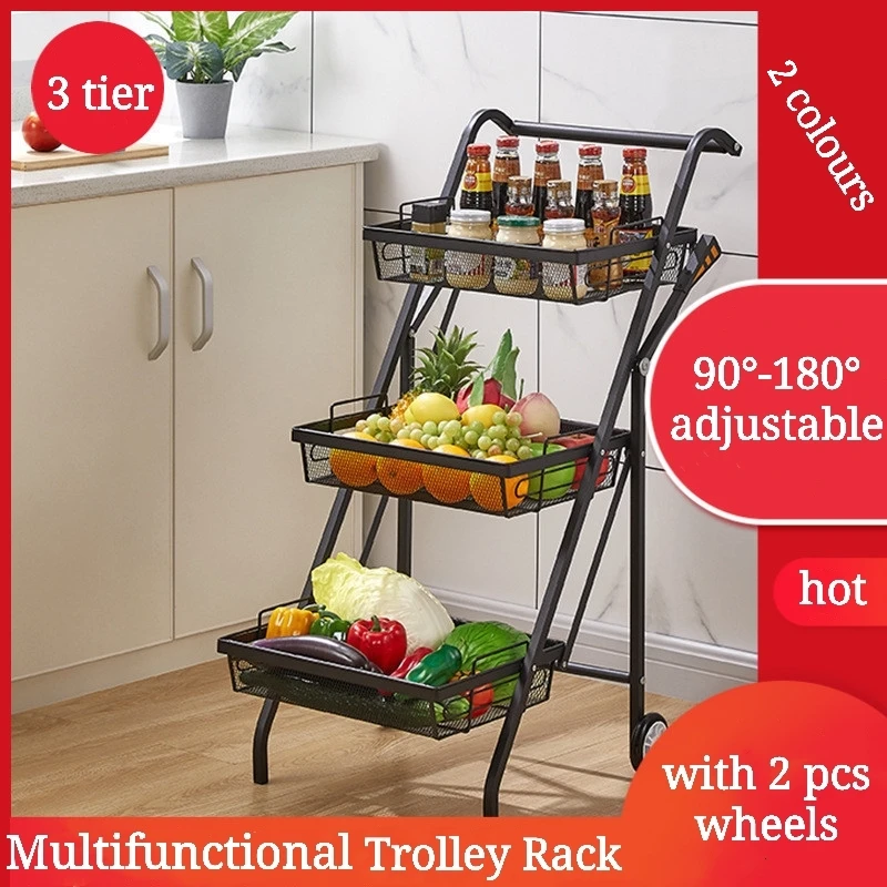 3-Tier Storage Trolley with Storage Basket Foldable Cart for Kitchen Trolley Storage Shelves Rack with Rolling Wheels Organizer