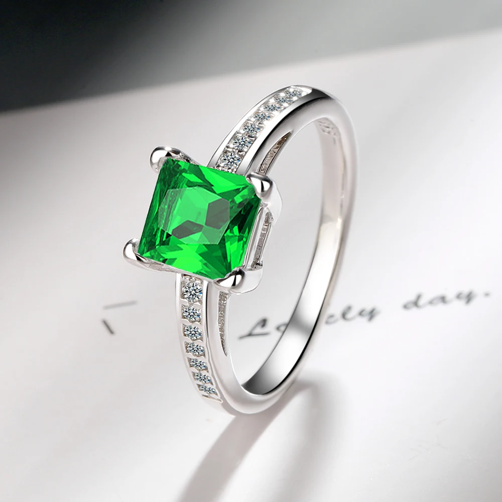 

Green Simulated Nano Emerald Created Ruby Ring 925 Sterling Silver Gemstone Solitaire Engagement Rings for Women