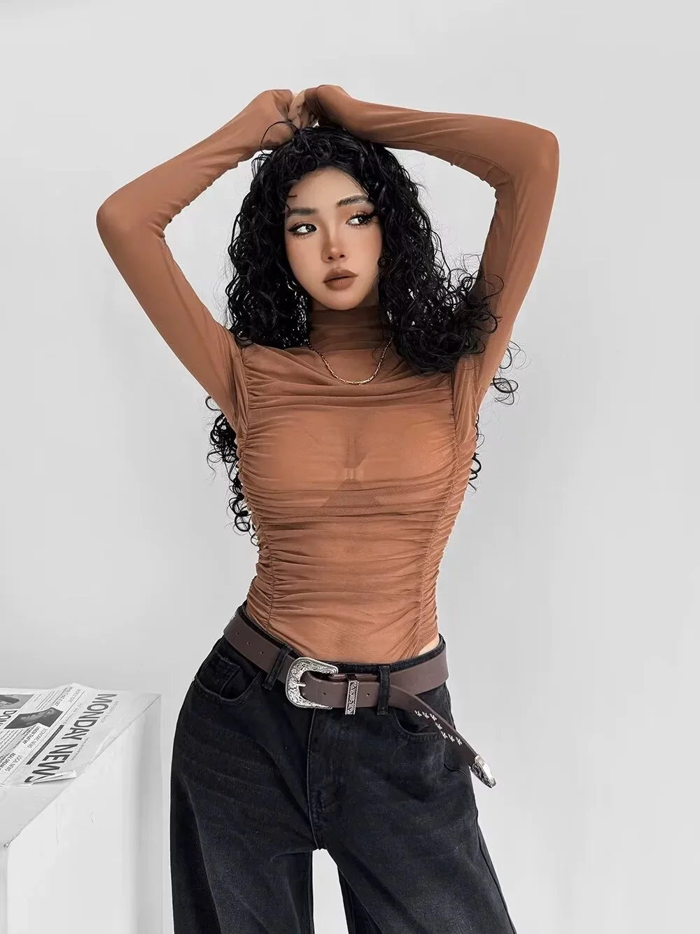 Модный женский боди Y2k тонкие прозрачные комбинезоны с рюшами женские