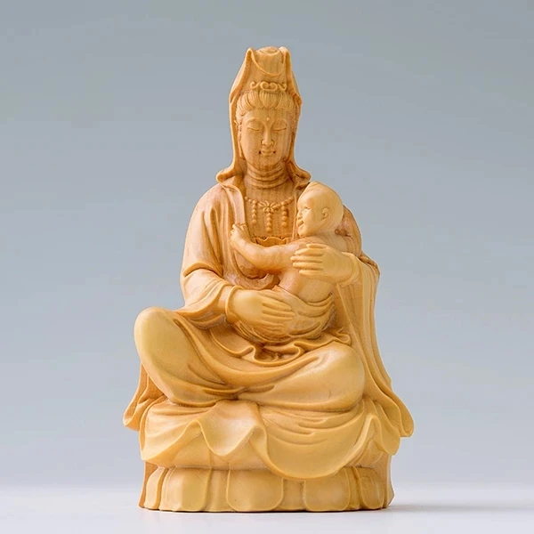 

Статуя Будды из самшита 10 см из Гуаньинь, деревянная скульптура, фэн-шуй Гуань Инь с мальчиком, домашний декор