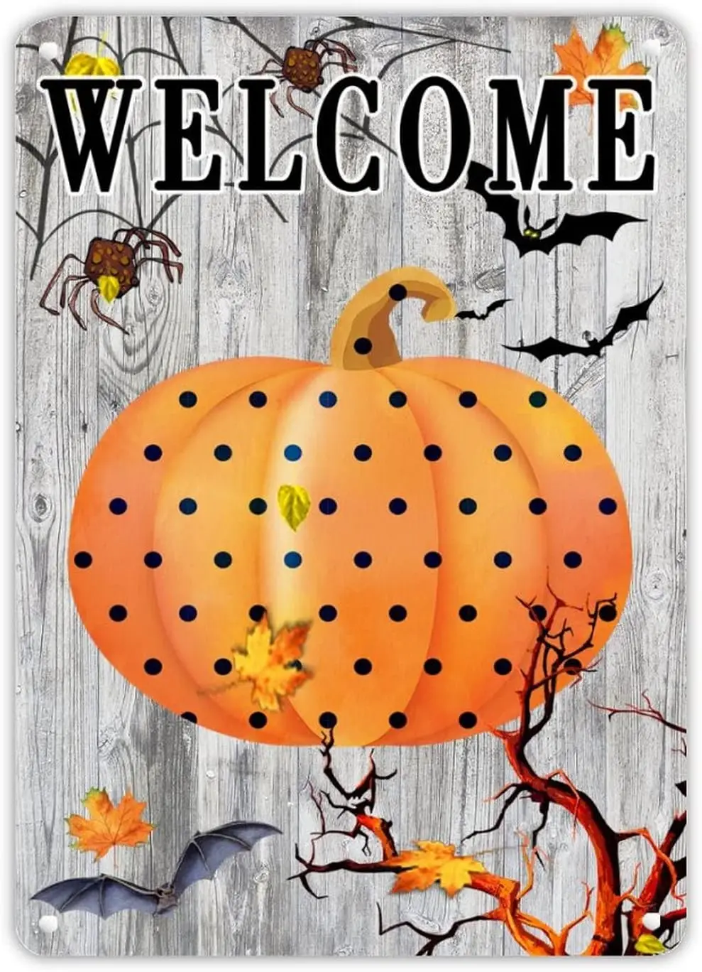 

Halloween Welcome Polka Dots Pumpkin Aluminum Sign Maple Leaves Spider Web Bat Yard Sign Rustic Chic Ghost Haunt Metal