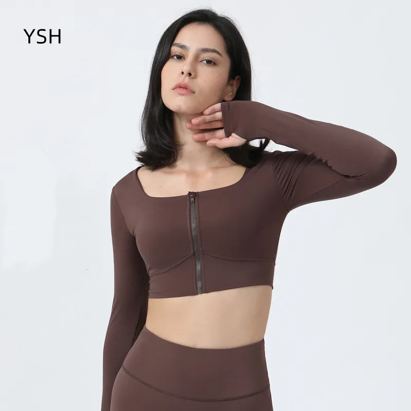 

YUSHUHUA Zipper Tight Sports Crop Top Gym Large Square Neck Yoga Shirts Women Long Sleeve Fitness Top Padded Running Clothing