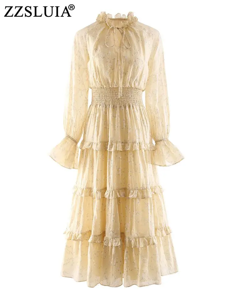 

ZZSLUIA Elegant Dresses For Women Printed Ruffles Designer Slim Long Dress Fashion Long Sleeve Lace-up Dresses Female Clothing