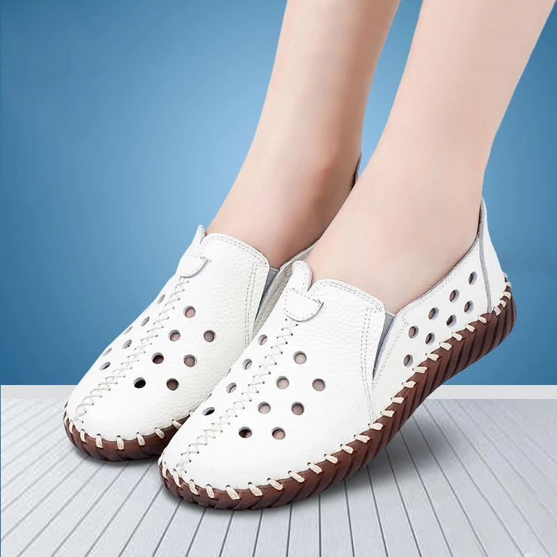 

2022 White Black Hollowed Moccasins For Women Genuine Leather Flats Breathable Loafers Shoes Women's Soft Casual Flat Shoes Blue