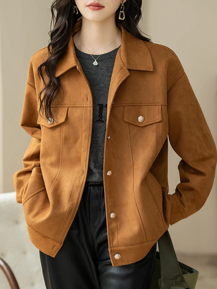 Коричневая замшевая короткая верхняя одежда Maillard для женщин осень 2023 новая