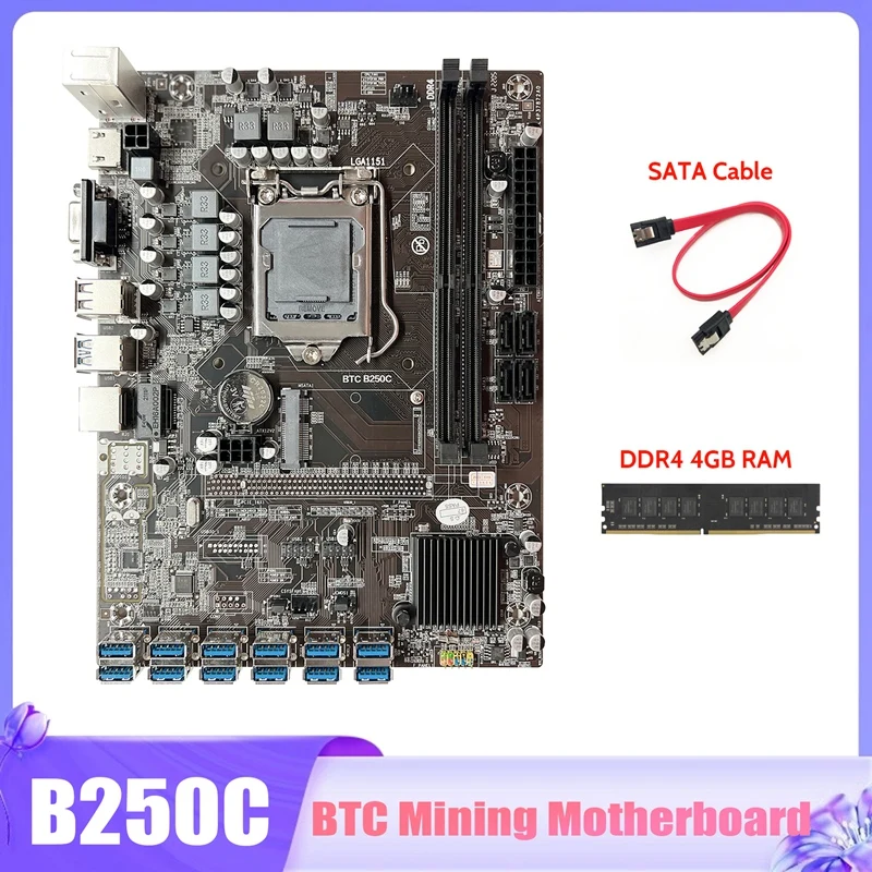 

B250C BTC Mining Motherboard With DDR4 4GB RAM+SATA Cable 12X PCIE To USB3.0 GPU Slot LGA1151 Miner Motherboard