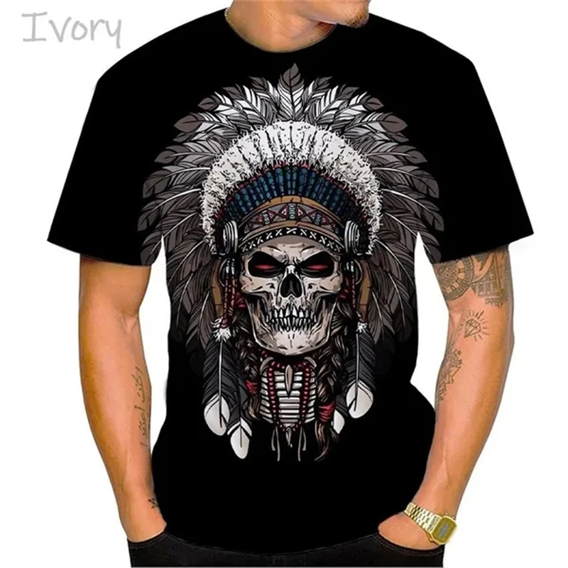 

Summer Hot Fashion Indian Chief 3D Printing T-shirt Skull Indian Chief Personality Cool Street Style Men's Short Sleeve T Shirt