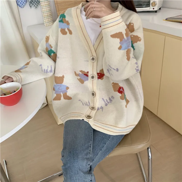 2023 Women Cartoon Bear Cardigan Jacquard Sweater Autumn Winter Korean V-Neck Outwear Preppy Female Cardigans Oversized Jumpers