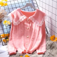 lovely pink lace sailor collar cardigan for women spring autumn harajuku cute long sleeve knitting jacket lady sweet sweater top