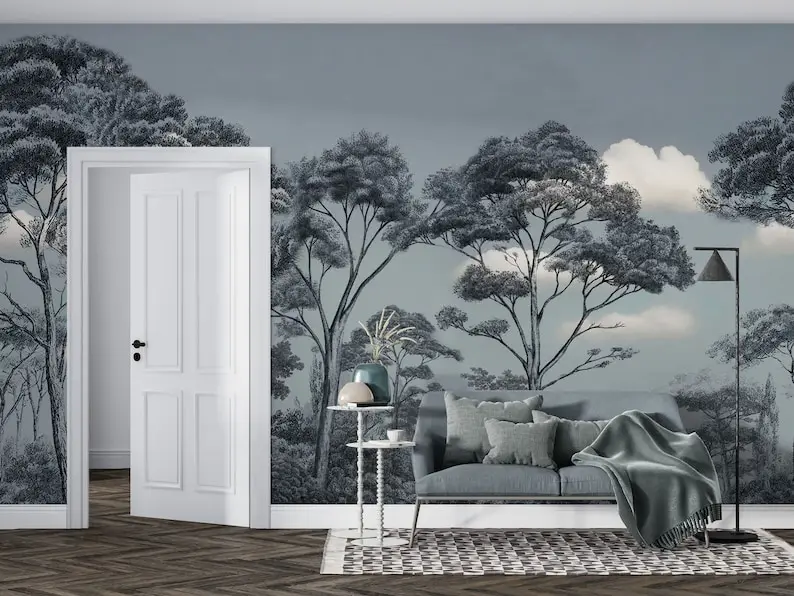

Vintage Forest Landscape Wallpaper, Blue Trees Painting Wall Mural, Removable Wallpaper, Forest Peel And Stick Wall Mural, Fores