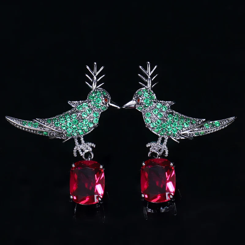 

ThreeGraces Vivid Bird Vintage Green Red Cubic Zirconia Fashion Party Women Silver Color Big Drop Earrings E1330