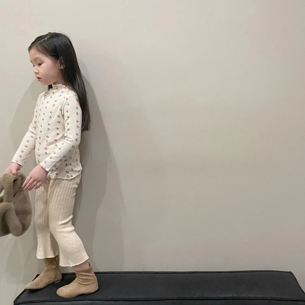 RiniLucia Girls Floral Bottoming Shirt All-match Korean Version O-neck Long Sleeve Ruffle T-shirt Autumn New BlouseTops