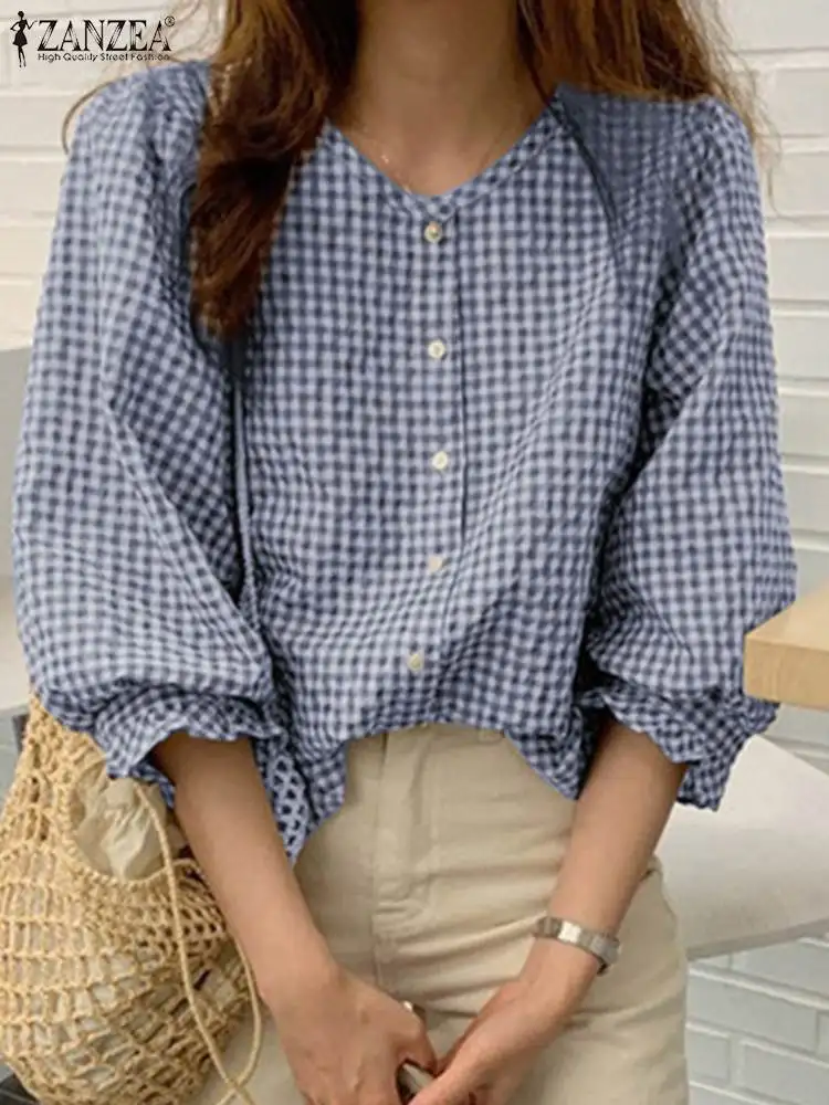 

ZANZEA Vintage Women 3/4 Sleeve Buttons Shirt Fashion Plaid Checked Blouse Autumn Casual Holiday Blusas Female Party Top Chemise