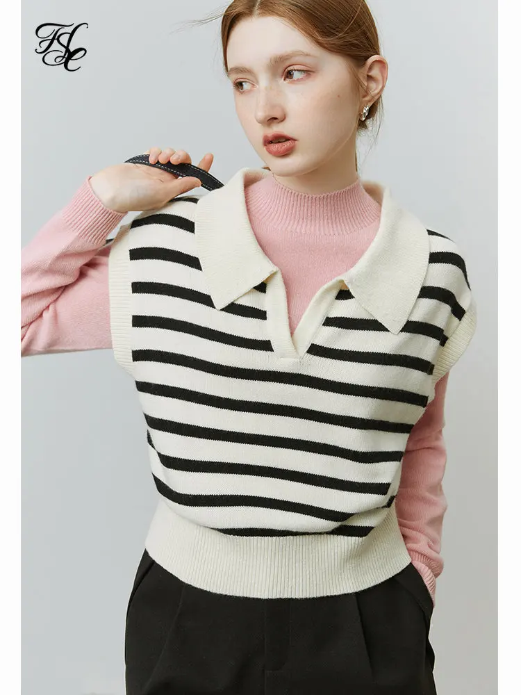 

FSLE 28.6% Wool Striped Knitted Vests Women Turn-Donw Collar Commuter All-Match Pulover Sweaters Vest Layered Sweater Vest