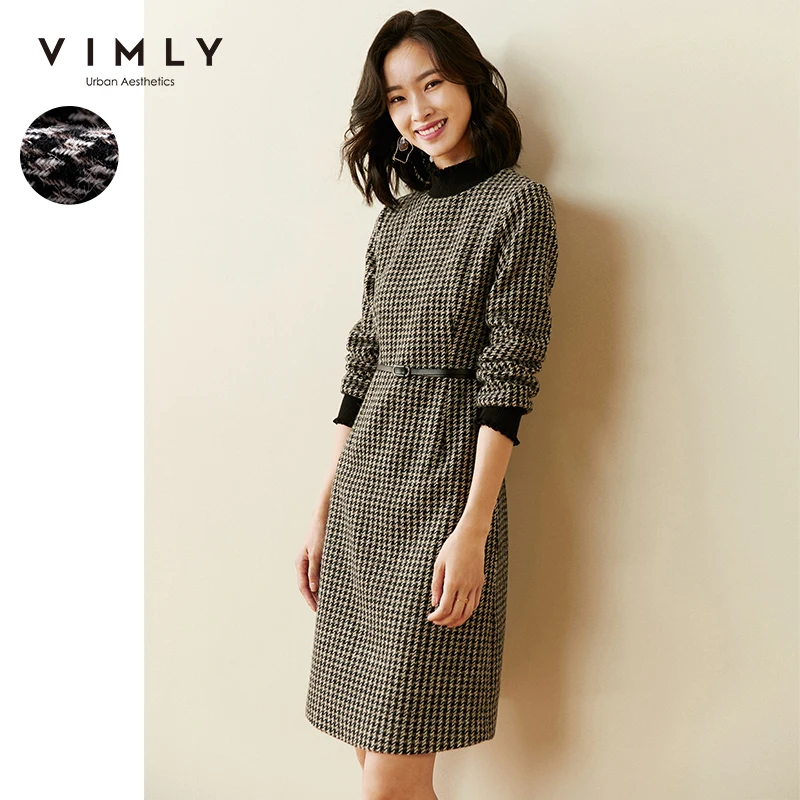 Vimly Women's Houndstooth Dresses Fashion Stand Collar Long Sleeve A Line Dress Autumn Winter Office Lady Wear Vestidos F3666