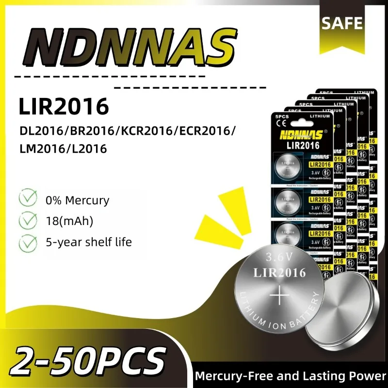 Фото Литиевая перезаряжаемая батарейка-таблетка LIR2016 3.6V 20mAh, длительное время работы для калькуляторов, игрушек, пультов ДУ, замена CR2016 №1