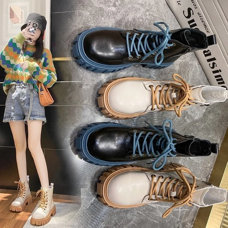Boots Women's Thick Bottom Autumn and Winter Fashion Single Boots British Style Cake Lace-up Ankle Boots Botas De Mujer