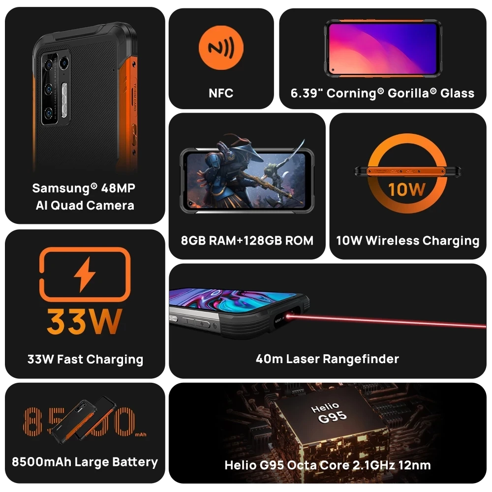 DOOGEE S97 Pro Rugged Phone 8G+128G Helio G95 Cellphone Octa Core 48MP AI Quad Camera Mobile Phone 40m Laser Ranging 8500mAh NFC