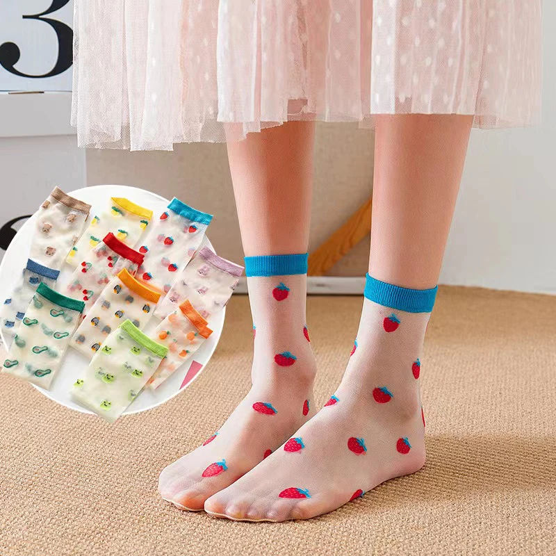 

1 Pair Sexy Japanese And Korean Fruit Women Sock Mixed Fiber Transparent Stretch Elasticity Ankle Net Yarn Thin Glass Silk Sock