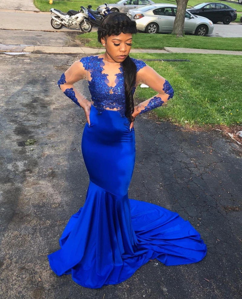 

Elegant Royal Blue Prom Dresses 2022 Mermaid Lace Appliques See Through Spandex Fabric Sweep Train Formal Pageant Gowns