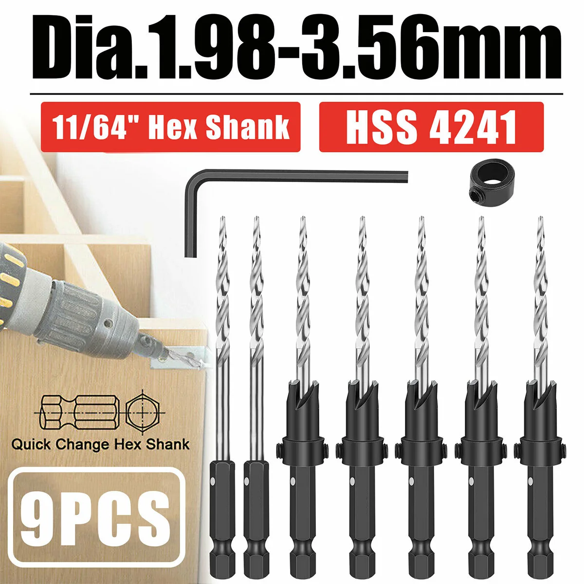 

Countersink Drill Bit Set Adjustable Drill Bit Hex Shank Heavy Duty Reaming Drill Bit Kit with Hex Wrench Woodworking Tool