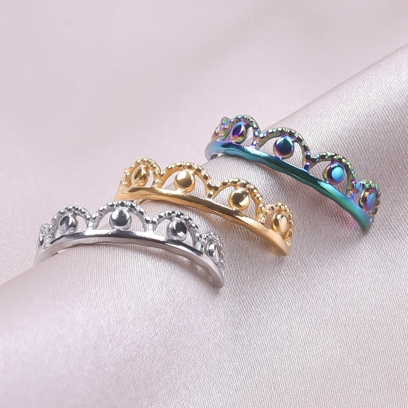 

5PCS No Fade Stainless Steel Rings for Women Crown Simple Fashion Men's Ring Open Adjustable Jewelry Female Gifts Supplies Bulk