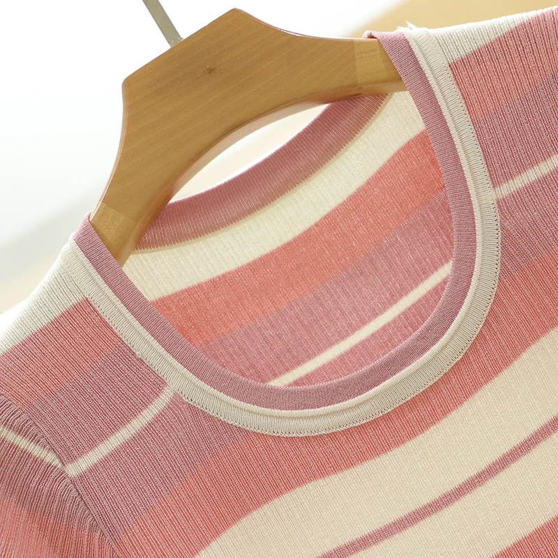 [Mo] Модный утягивающий универсальный вязаный топ с короткими рукавами и круглым