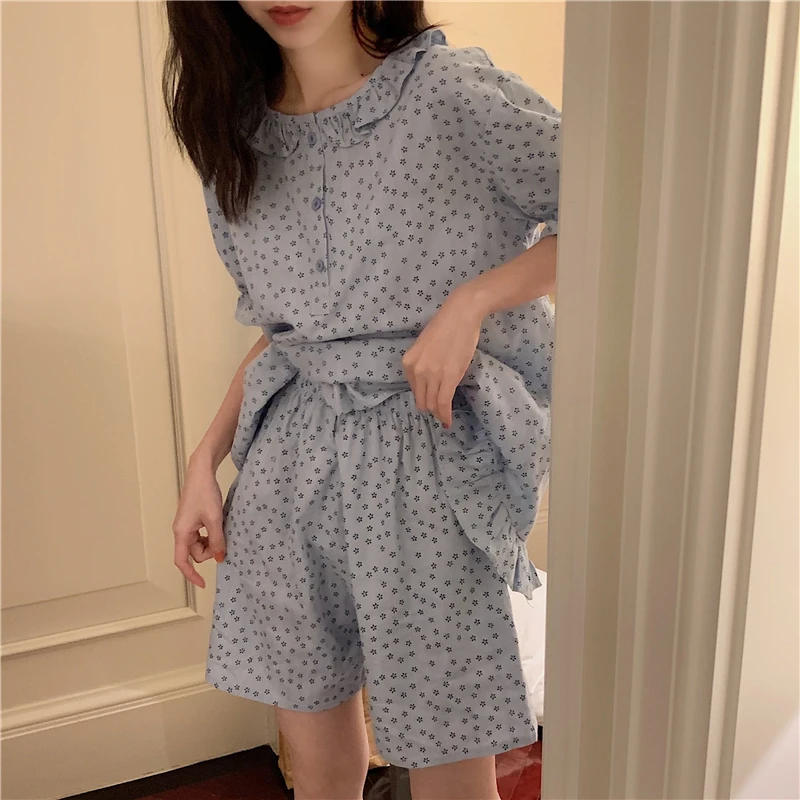 

New 2022 Floral Print Pajama Set Women Cute Peter Pan Collat Sleepwear Suit Ladies Home Clothes Summer Short Sleeve Pijamas D293