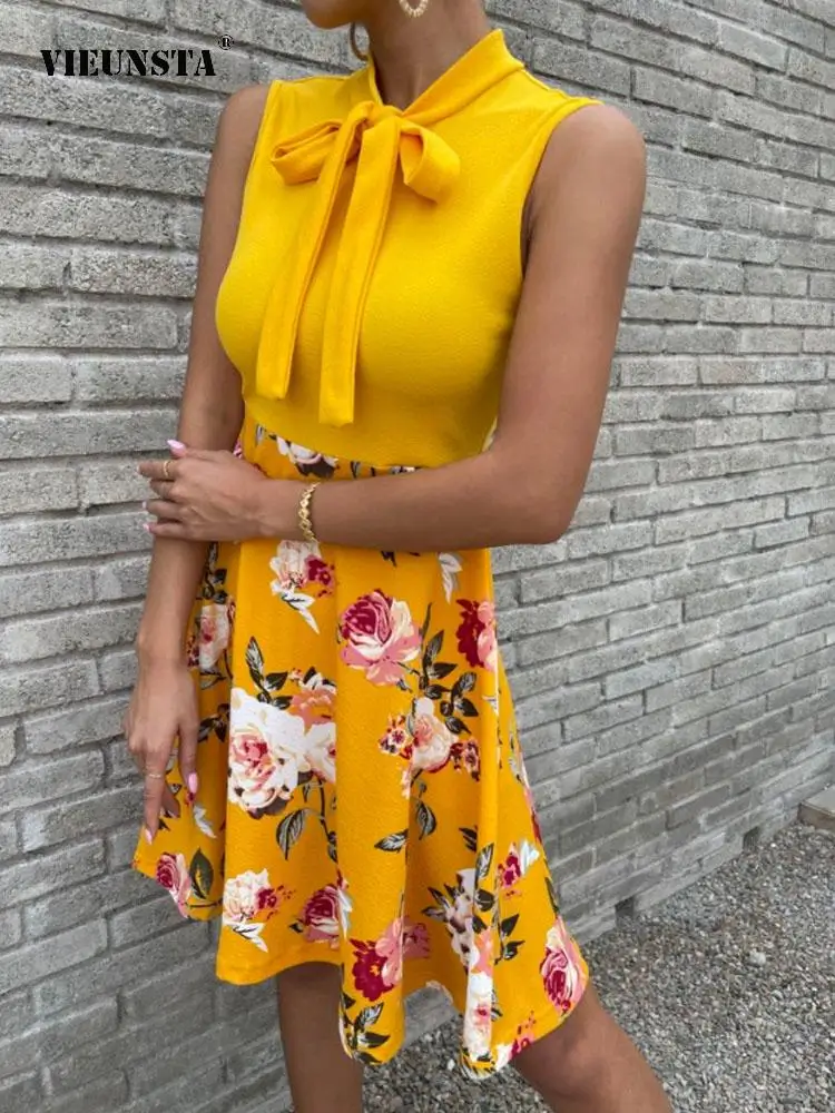 

Commuter Lace-Up Bow Sleeveless Floral Dress Fashion Patchwork Slim Mini Dress 2022 Summer New Women's Print Party Dress Vestido