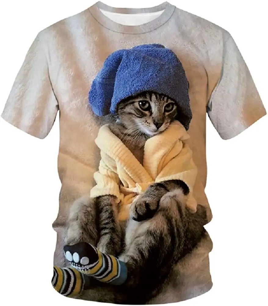 

Hisayhe Men Women Short Sleeve Tee Cute Cat 3D Realistic Printed Casual T-Shirts
