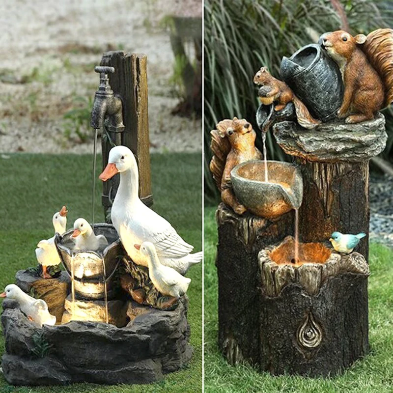 

Duck Squirrel Solar Power Resin Patio Fountain Garden Design With LED Solar Light Gardening Supplies Outdoor Decoration