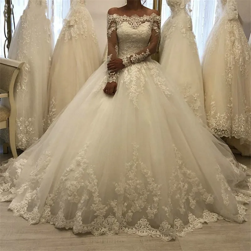

Luxury Boat Neck Long Sleeves Wedding Dress 2023 Court Train Tulle Lace Applique Ball Gown Wedding Dresses Vestido De Noiva