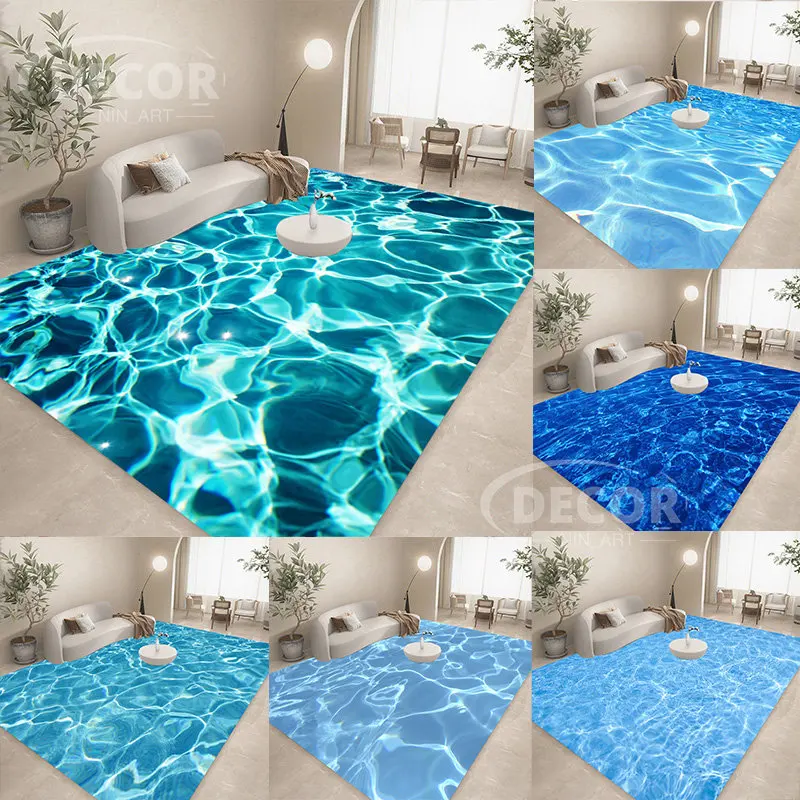 

3D Water Ripple Printed Flannel Carpet Blue Sea Entrance Doormat Bedroom Home Floor Decor Living Room Mat Bathroom Anti-slip Rug