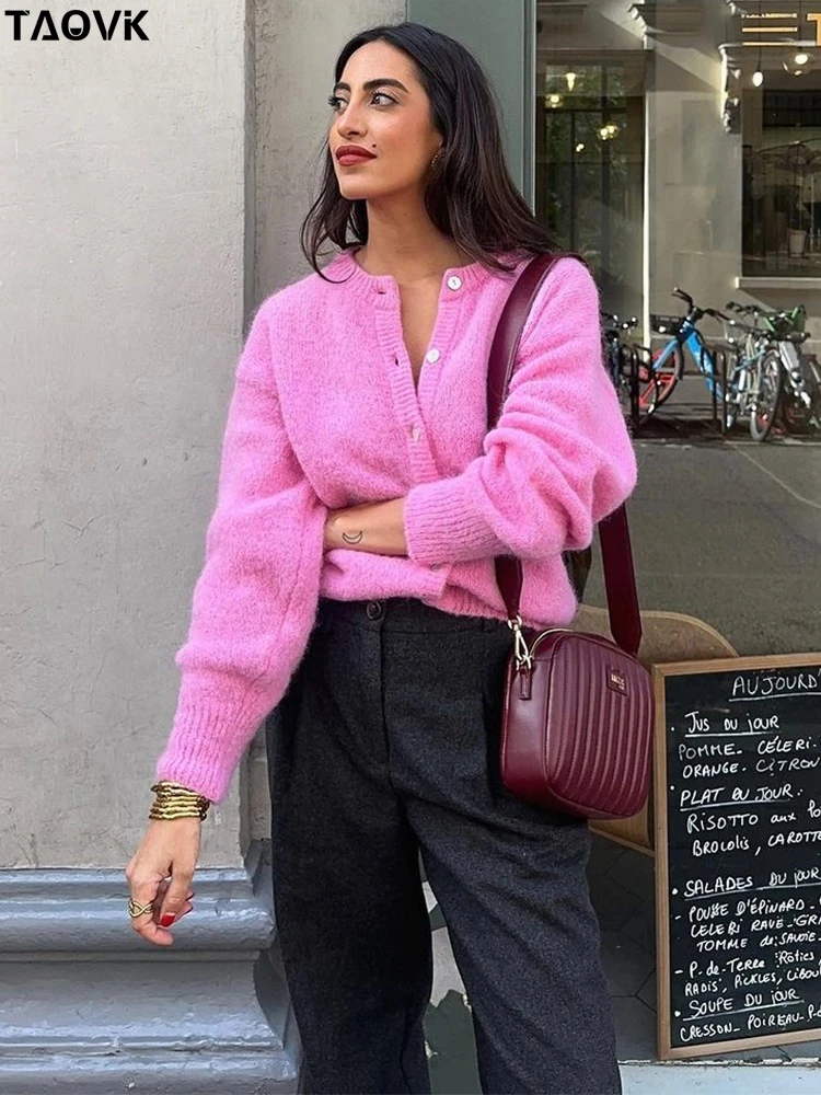 

TAOVK Women Cardigans Casual O-neck Single Breasted Sweaters Sweet Long Sleeve Pullovers Warm Winter Knitwear Top Coat Clothing