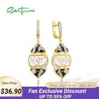 santuzza 925 sterling silver dangling earrings for women oriental peony flower whiteblack enamel chic fine jewelry handmade