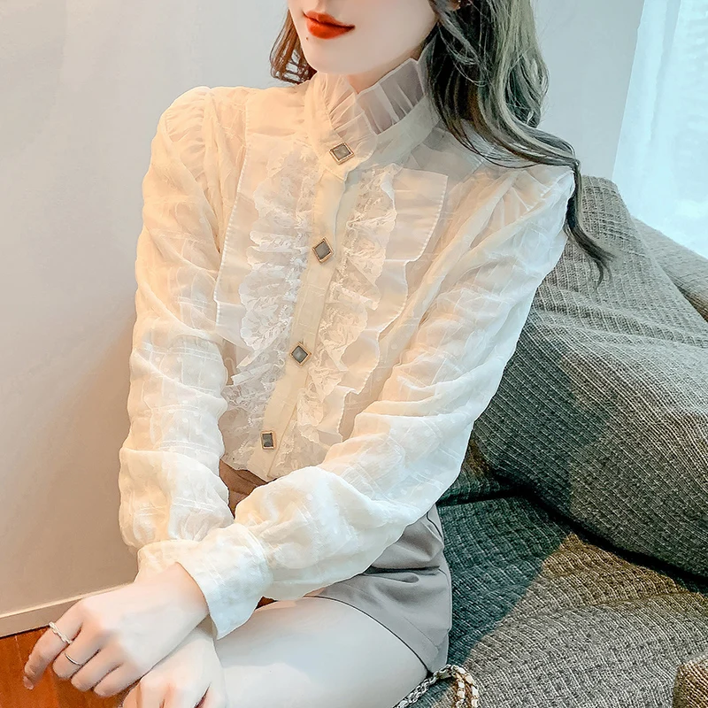 

2023 Spring Stand Collar Ruffles Lace Blouse Korean Fashion Elegant Lace Chiffon Shirt Women White Long Sleeve Shirts Tops 18874