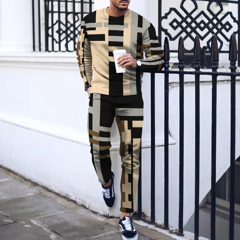 Men Tracksuit Plaid Long Sleeve T Shirt Casual Sweatshirt Pants 2-piece Set Jogging Outfits Streetwear Oversized Man Clothing