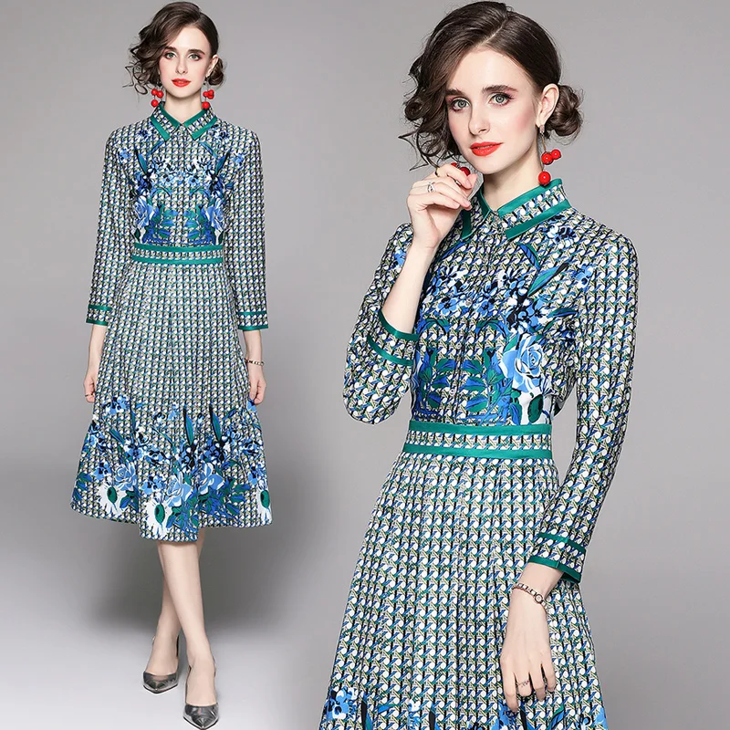 

Женское платье-рубашка с отложным воротником, зеленое платье-туника вечерние длинным рукавом и цветочным принтом, весна-осень 2022